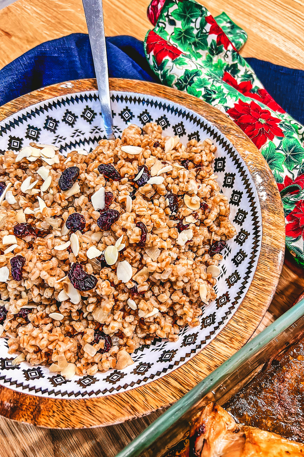Pearl Barley With Cranberries and Almonds with Christmas towel
