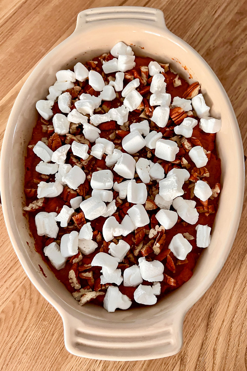 Sweet potato casserole with marshmallows added on top0