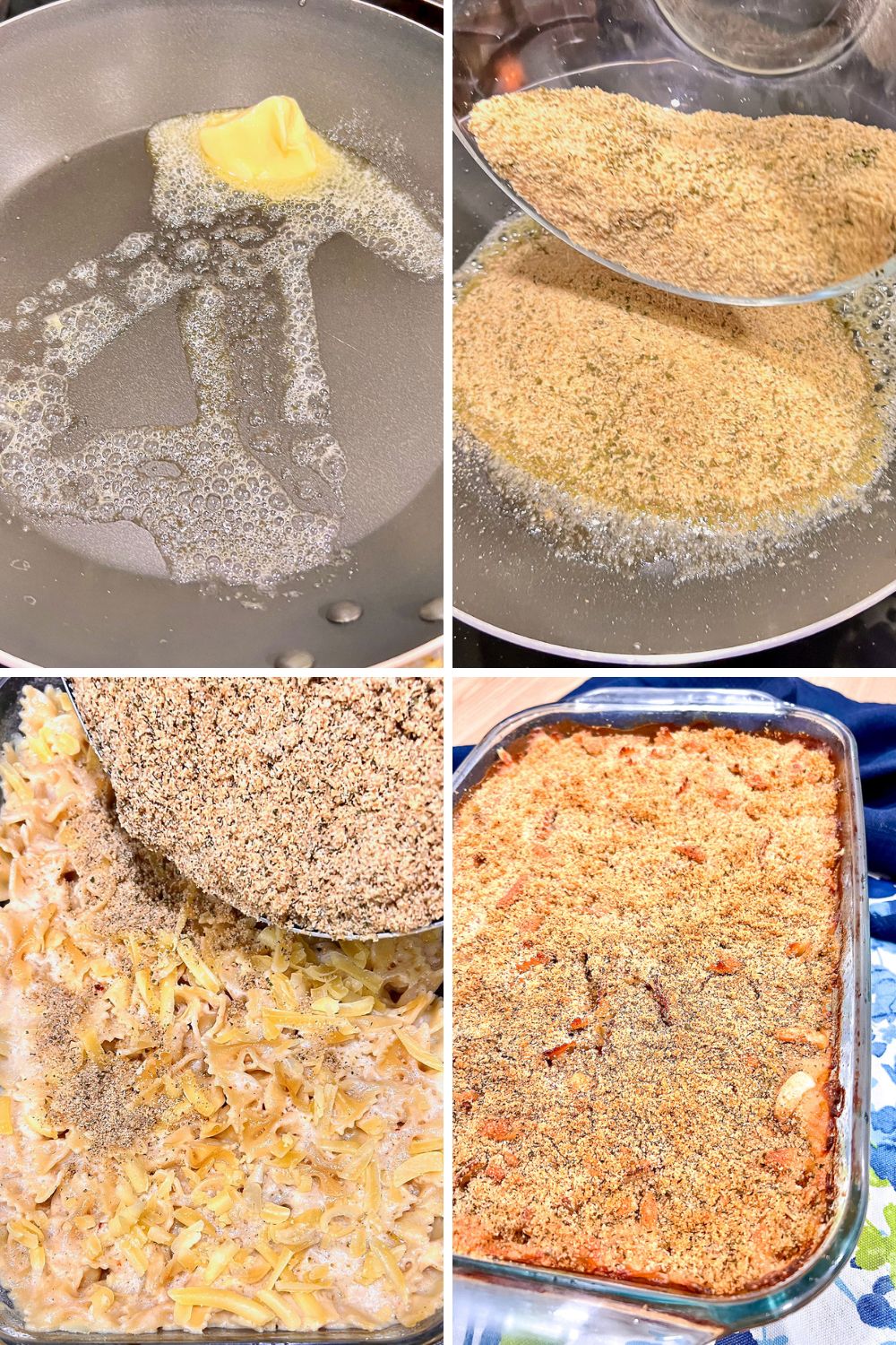 four images of steps to make the bread crumbs topping for Easy No-Boil Mac And Cheese