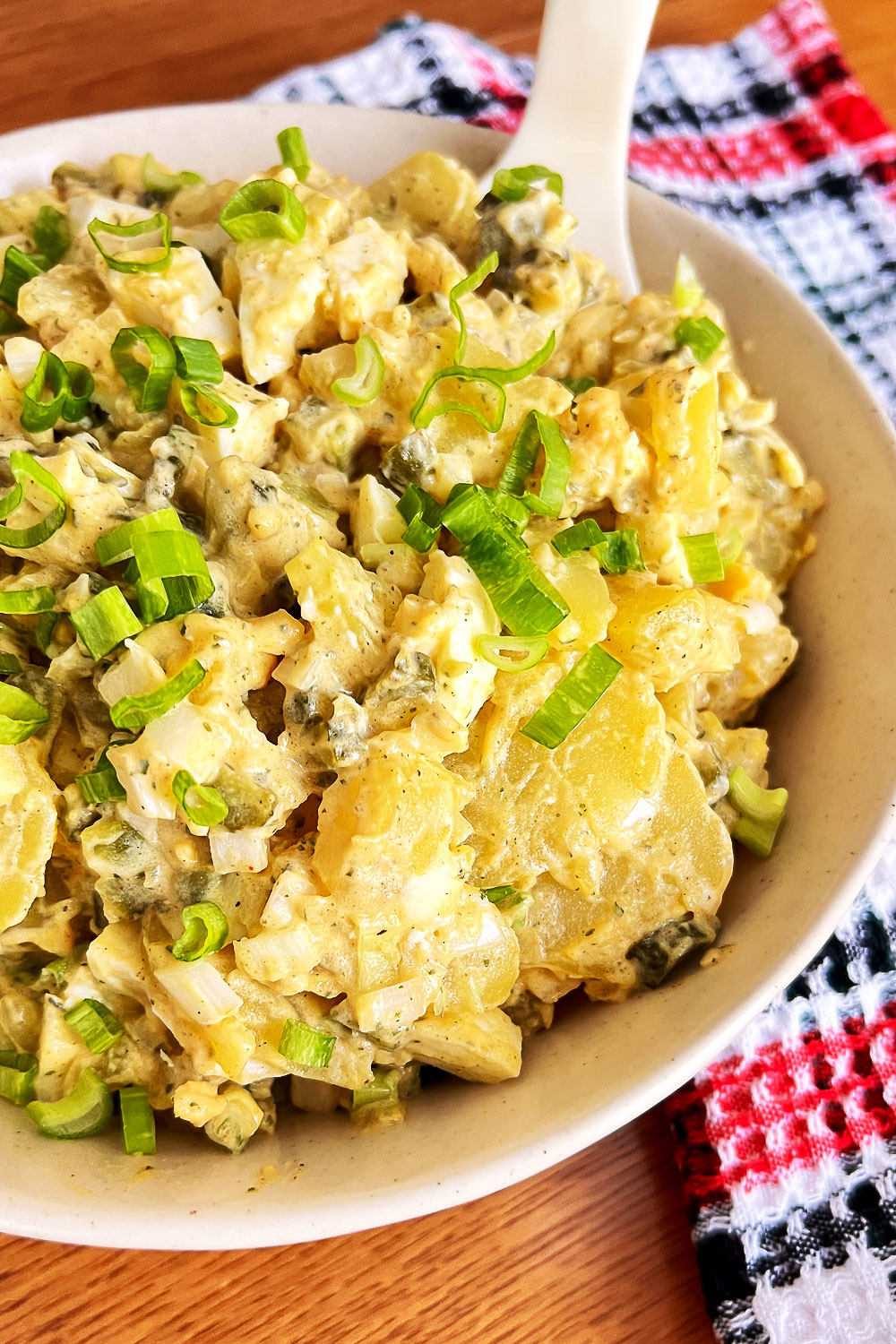 German Potato Salad Rhineland Style in a bowl with spoon Pinterest0