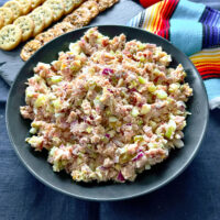 Ham salad in a bowl square photo close up