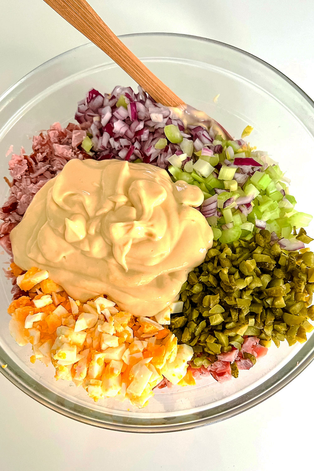 Ham salad ingredients in a bowl