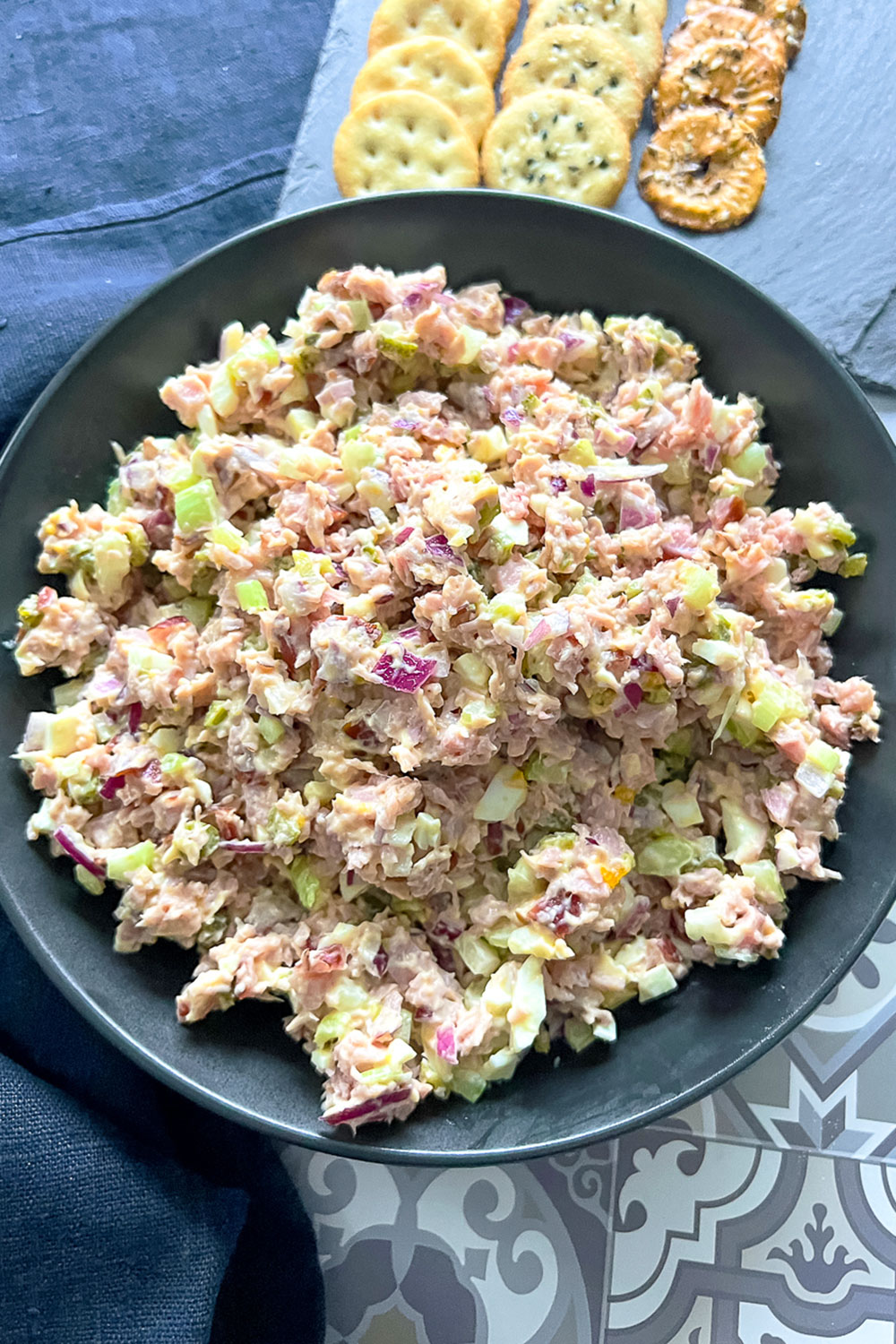Ham salad in a black bowl