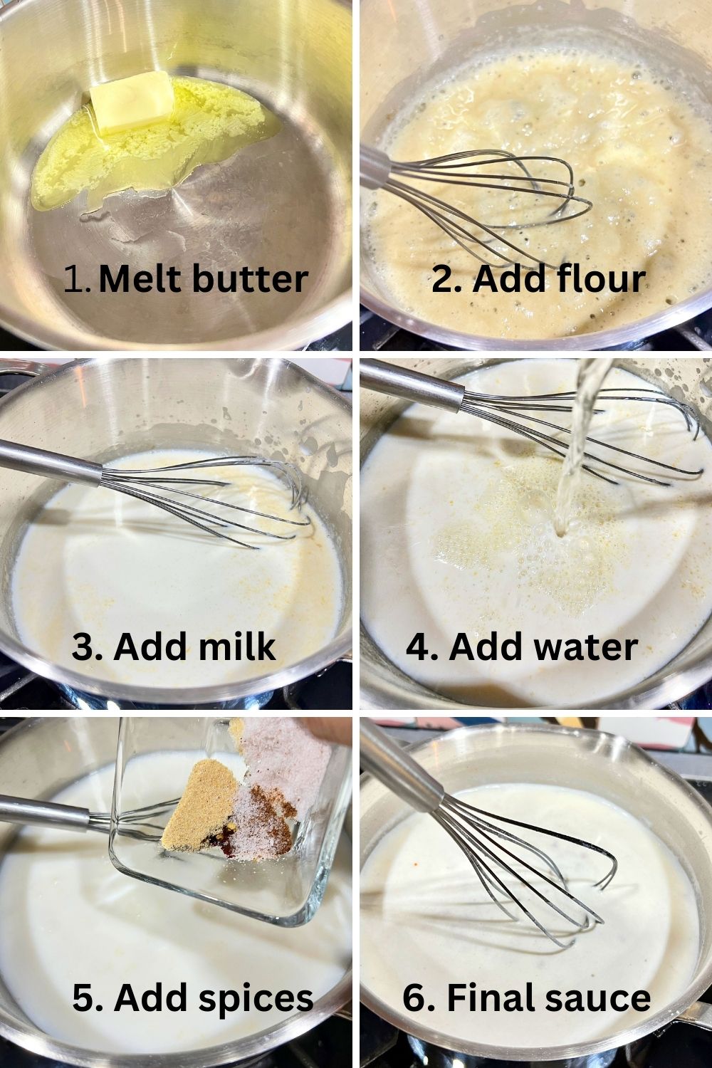 How to make the sauce for no-boil mac&cheese recipe- four photos collage of steps for the recipe
