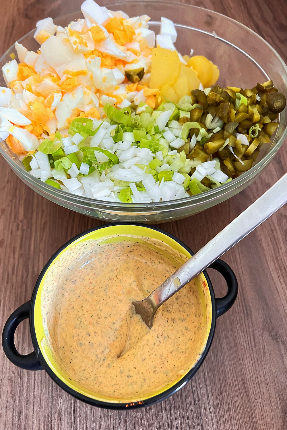 Making the dressing for German Potato Salad0