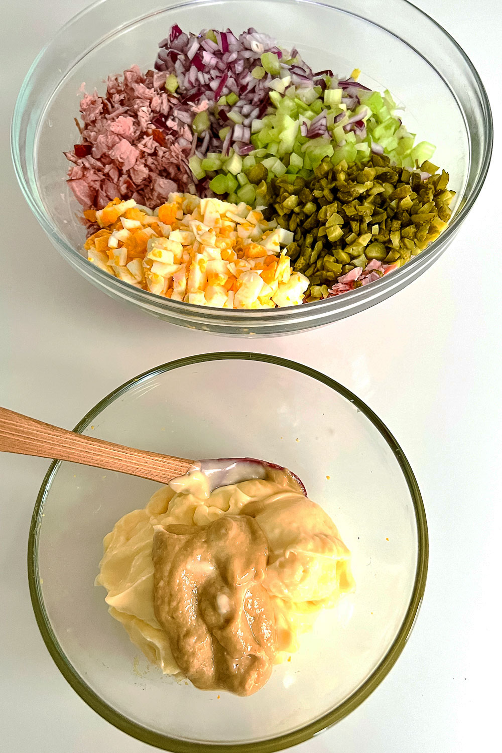 Making the dressing for the ham salad