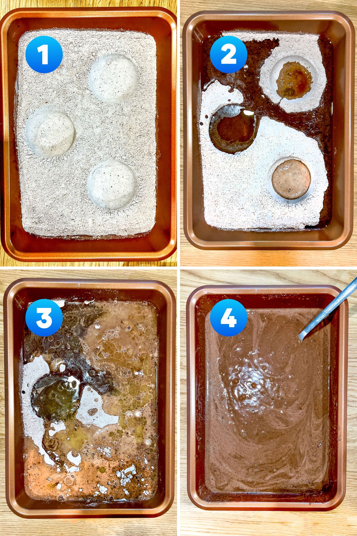 Steps to make the batter for Wacky Cake - collage