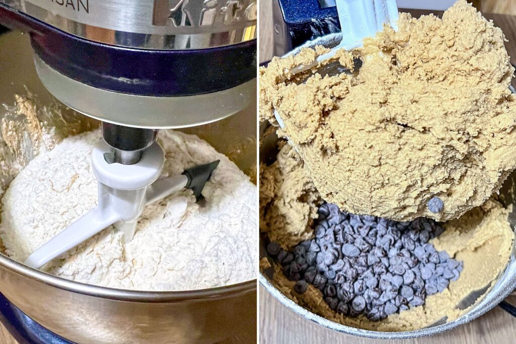 Collage of final steps to make the chocolate chip cookie batter