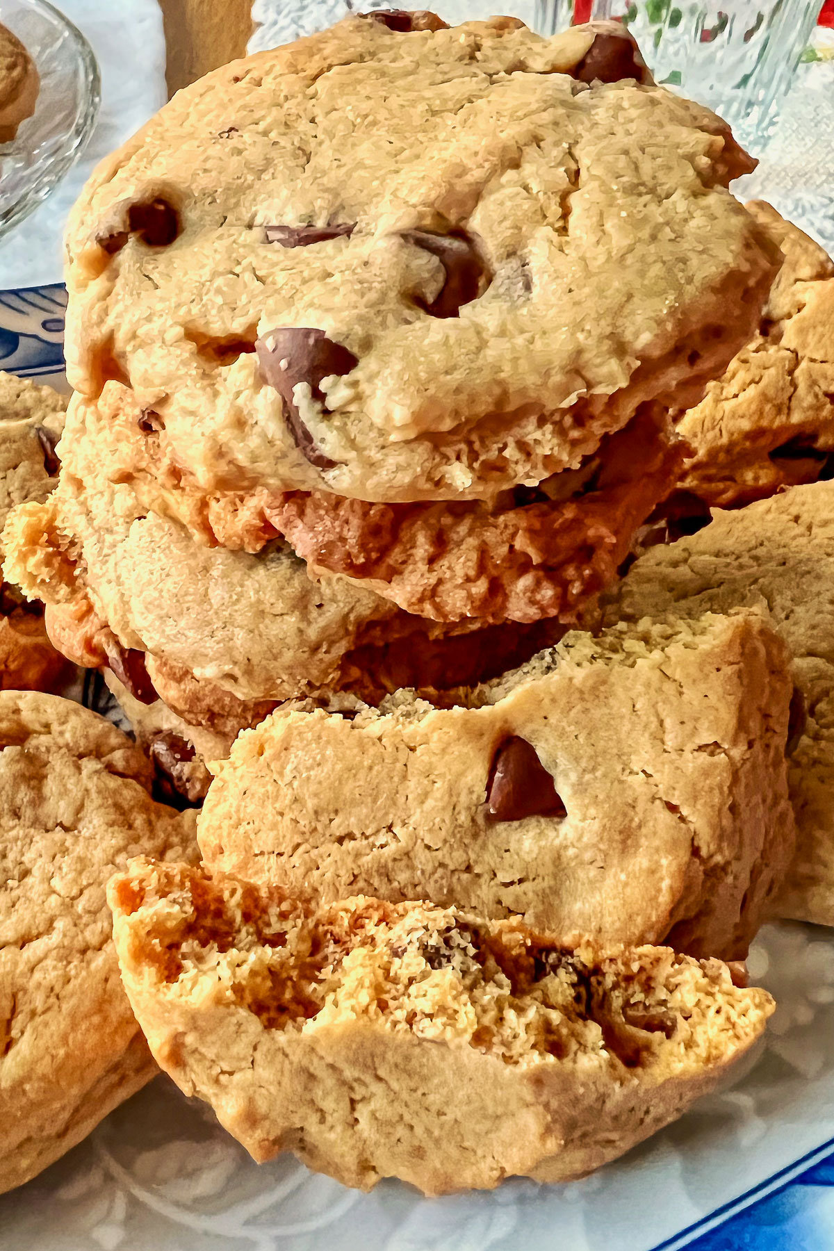 Stacked Ghirardelli chocolate chip cookies0