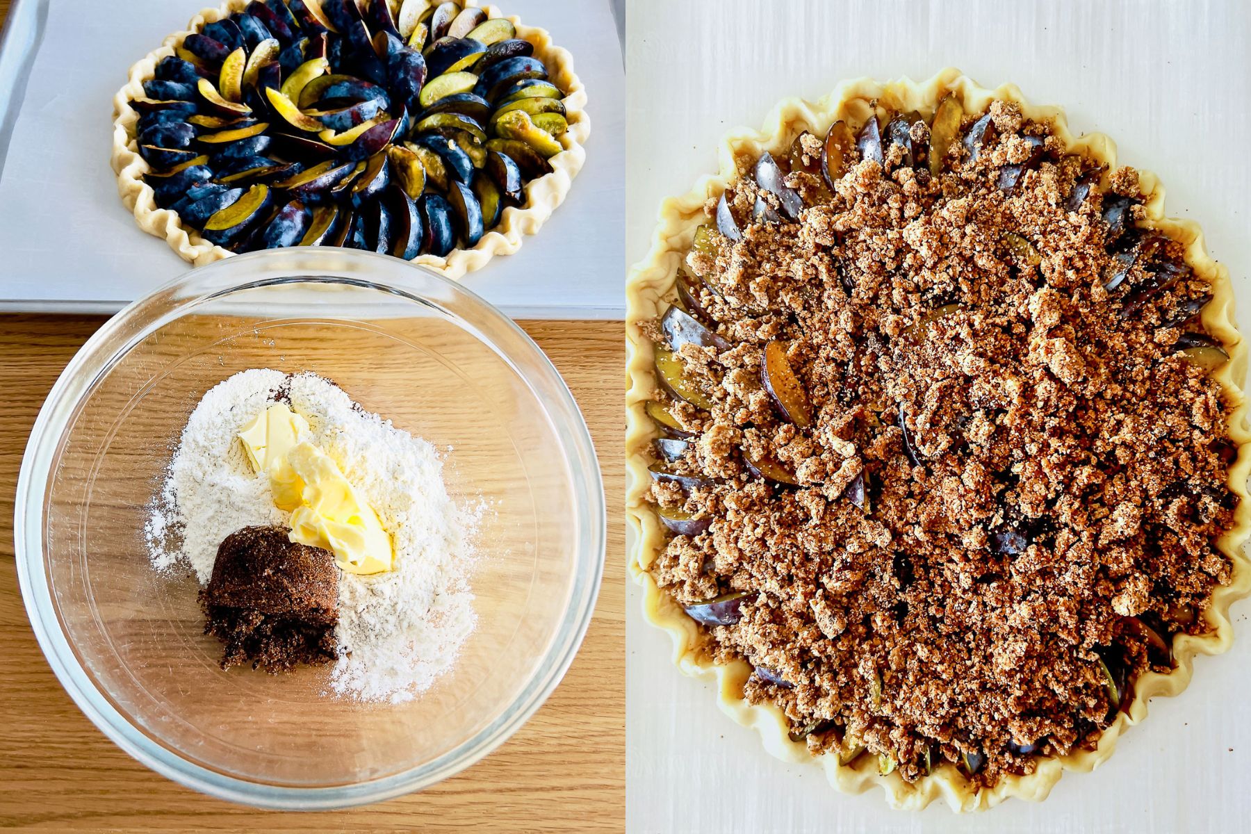 Collage of steps for adding the crumbs to the tart