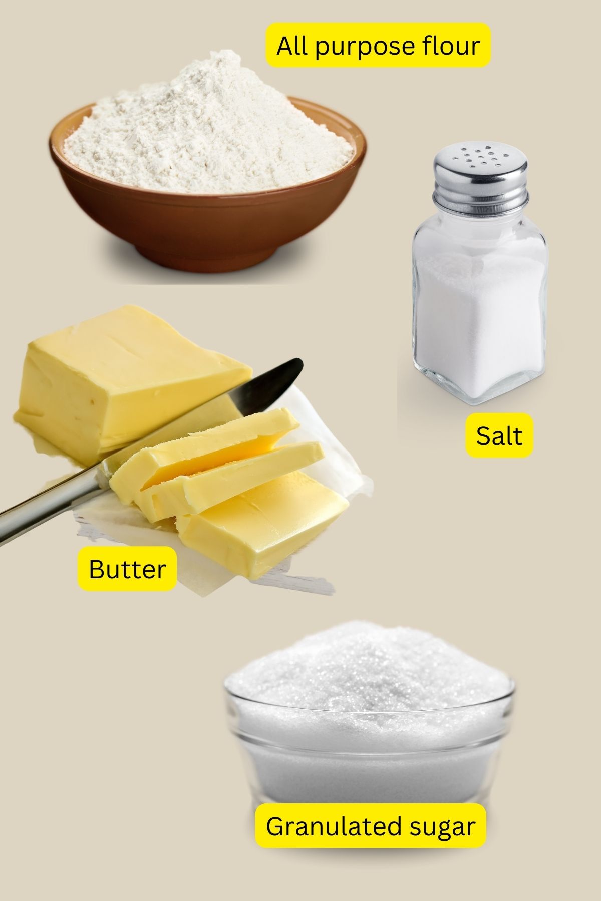 Ingredients for shortbread crust: flour, sugar, salt, butter.