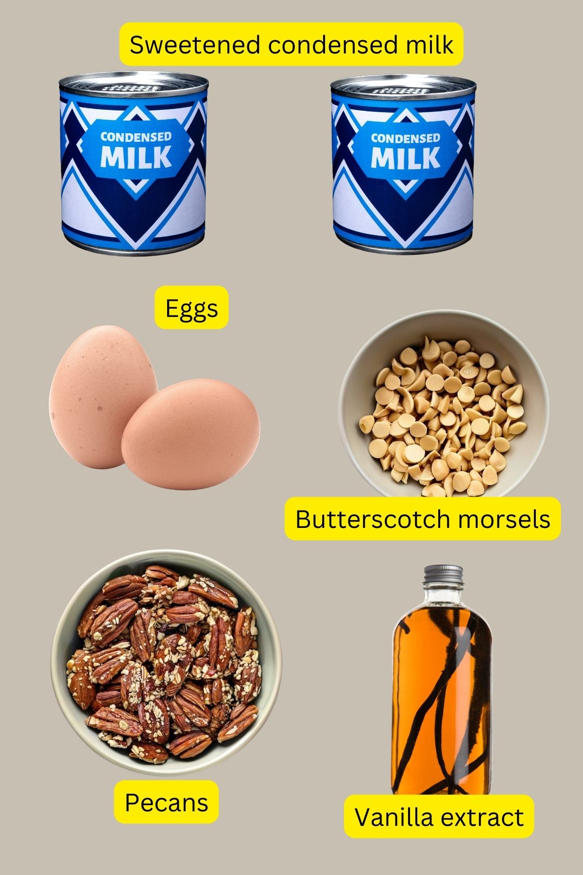 Ingredients for the Butterscotch pecan pie bars filling.