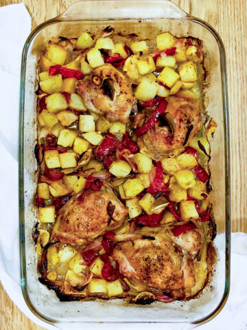 One Pan Harissa Chicken Thighs with Potatoes and Lime0