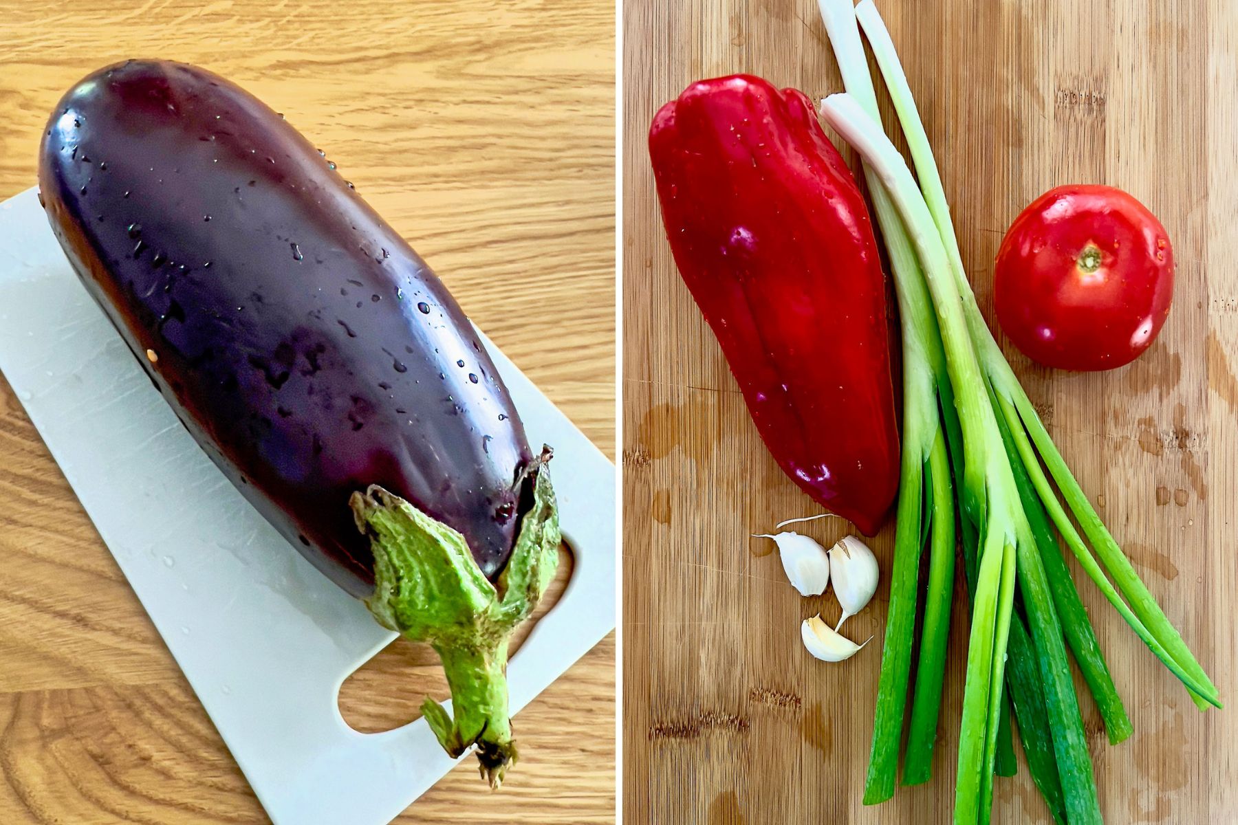 Ingredients for the Mediterranean Eggplant Salad: eggplant, tomato, garlic, green onions, red pepper.