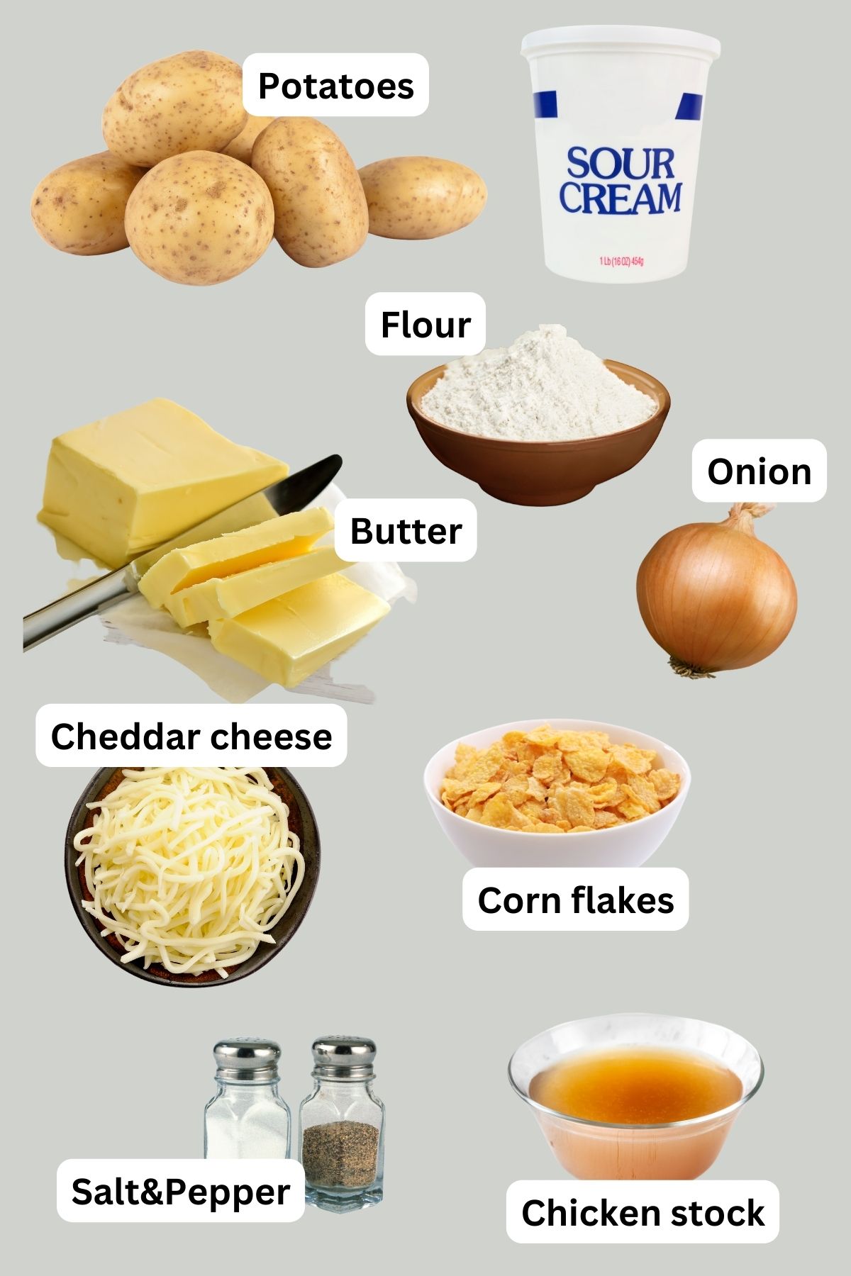 Ingredients Collage for Funeral Cheesy Potatoes:Potatoes, sour cream, flour, onion, butter, cheddar cheese, corn flakes, 