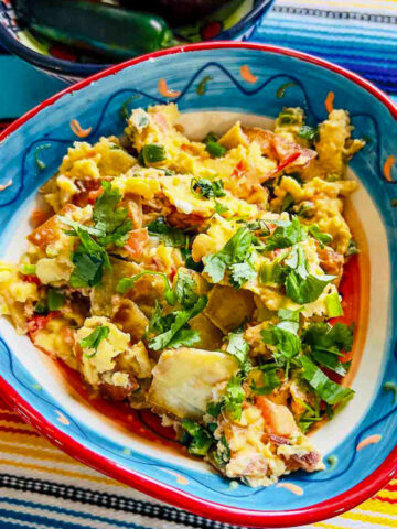 Delicious Authentic Migas made with eggs and veggies, sitting in a colorful bowl.