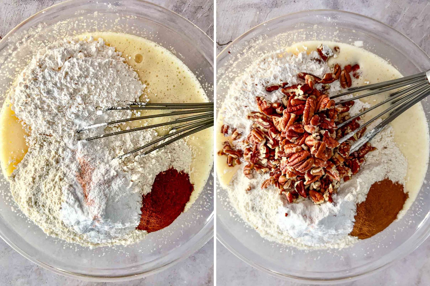 Adding dry ingredients to the wet ingredients.