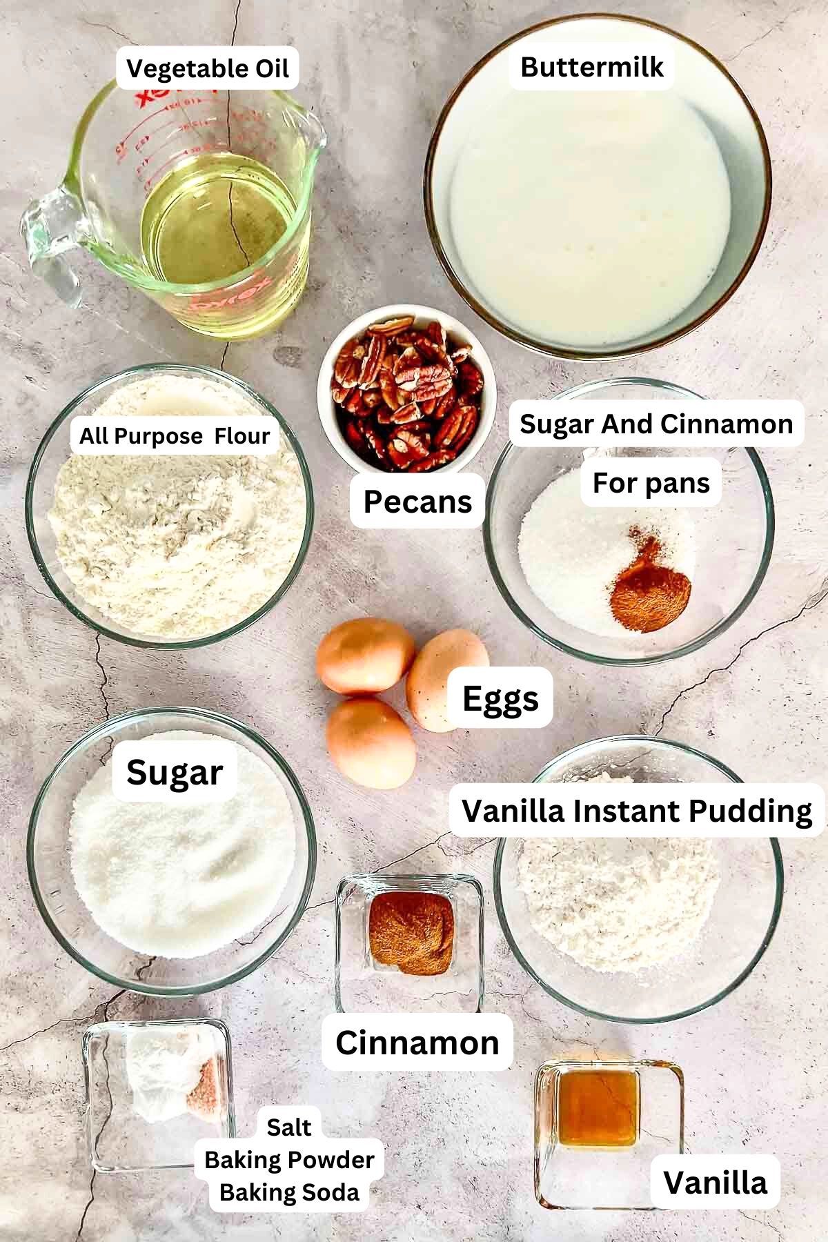 Ingredients display for Friendship Bread no starter with vanilla pudding.