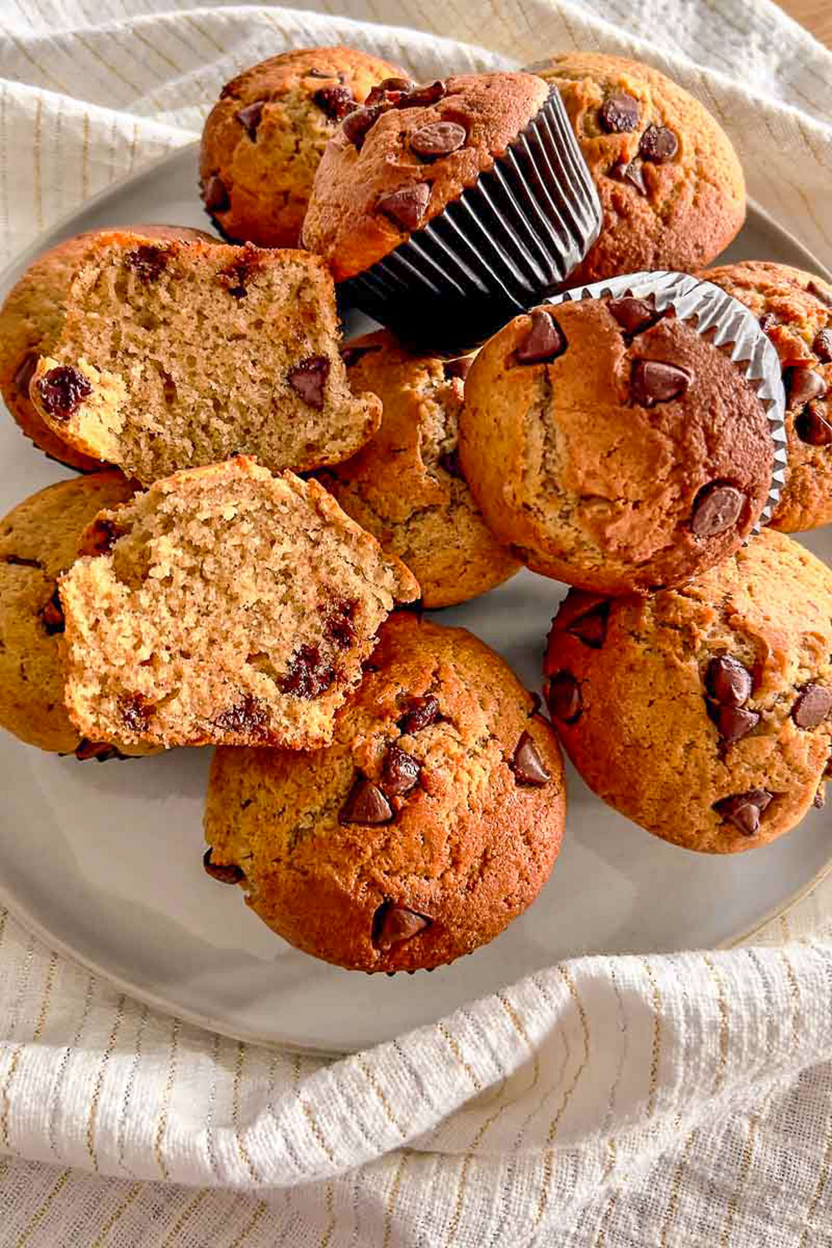Espresso chocolate chip Muffins stacked on a plate.