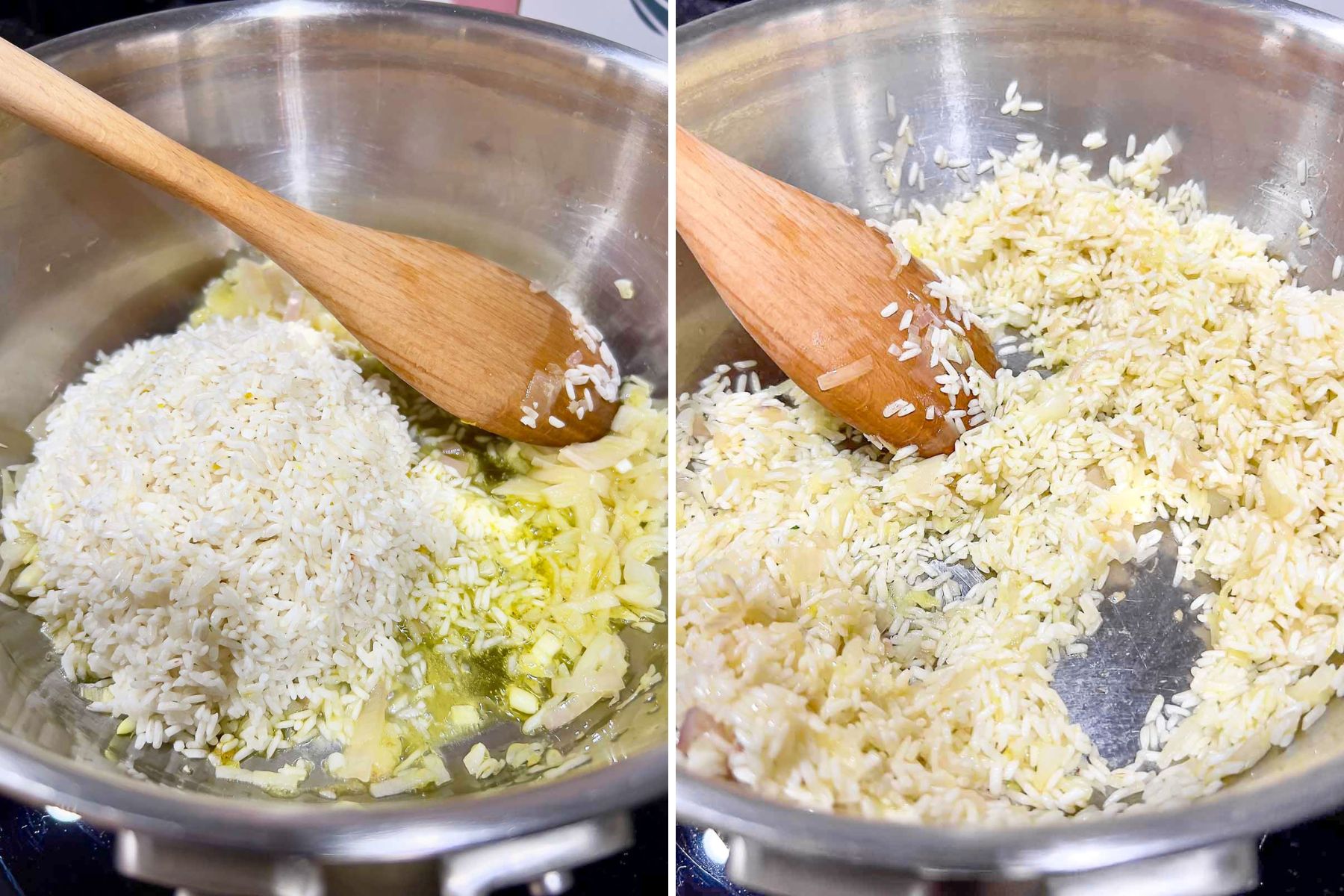 Cooking the rice with onions and garlic.