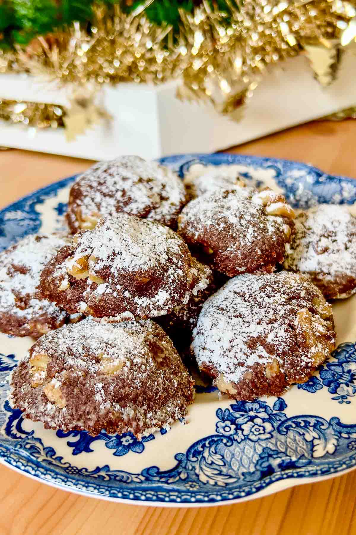 Mocha Walnut Butter Cookies on a blue plate.