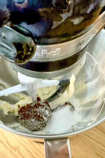 Mixing butter and sugars in a Kitchenaid mixer.