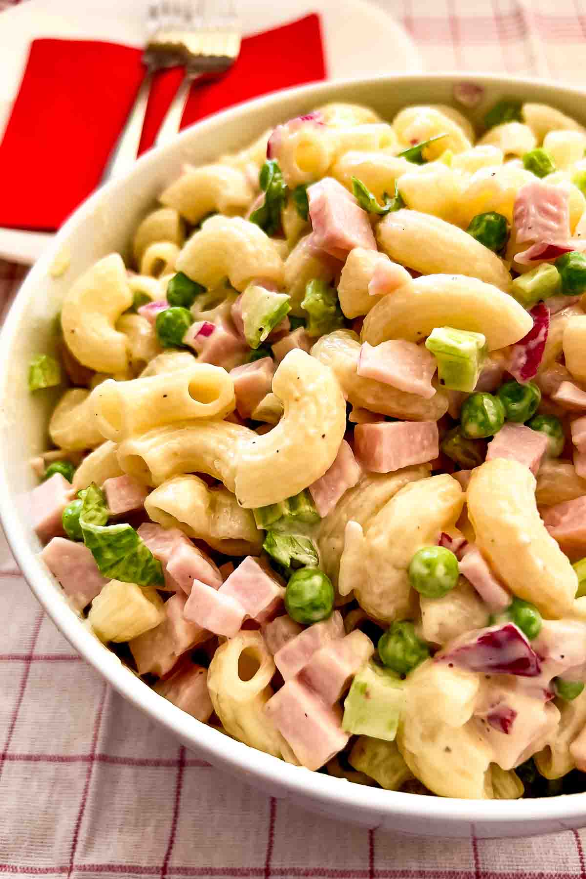 Summer Ham Pasta Salad in a white bowl.