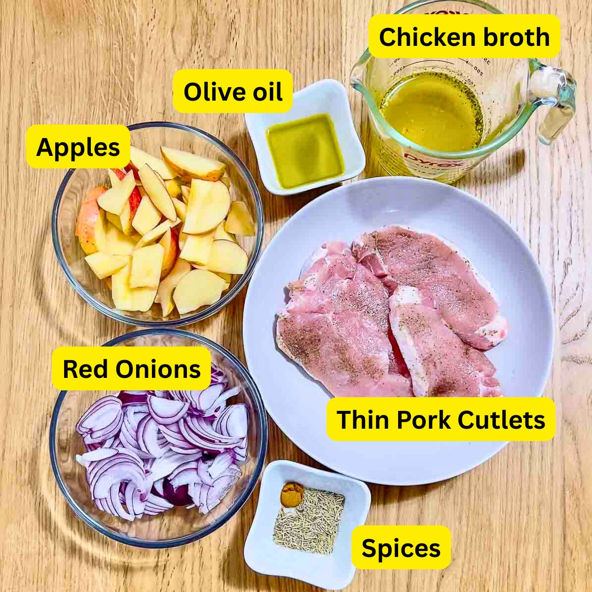 Ingredients for One Pan Boneless Pork Chops with Apples and Onions.