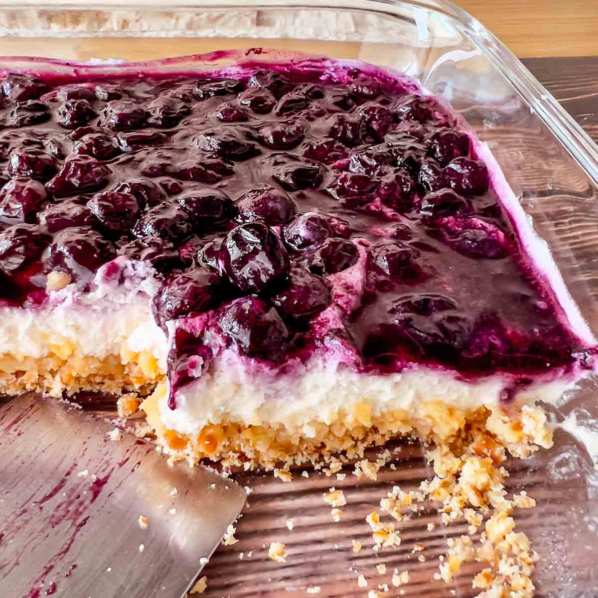 Blueberry pretzel salad in the pan.