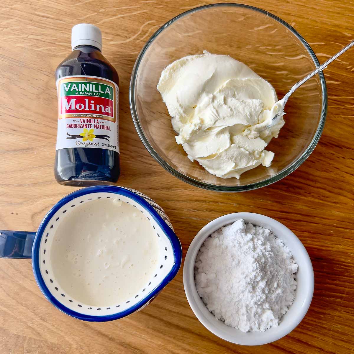 Ingredients for the cream cheese layer: cream cheese, heavy cream, sugar, vanilla extract.