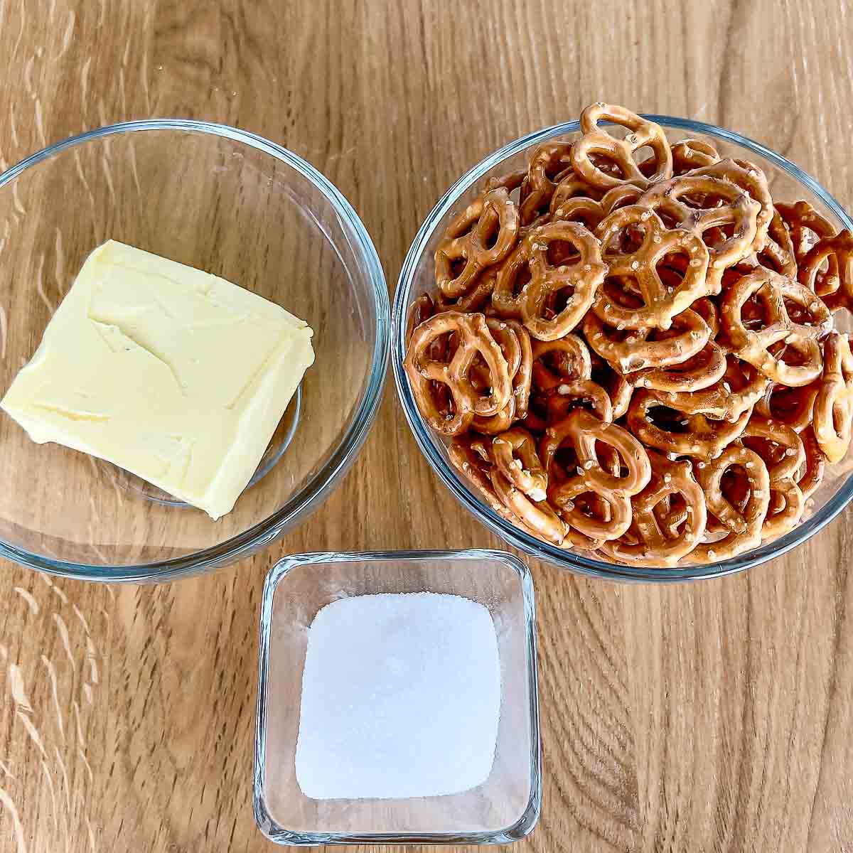 Ingredients for the crust, butter, pretzels, sugar.