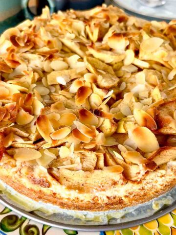 Bavarian apple torte on a serving platter.
